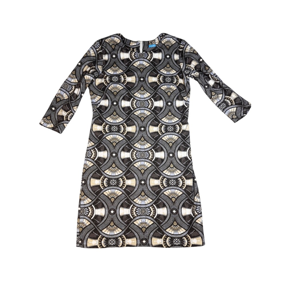 J.McLaughlin Geometric Medallion Print Sheath Dress Brown Blue 3/4 Sleeve M